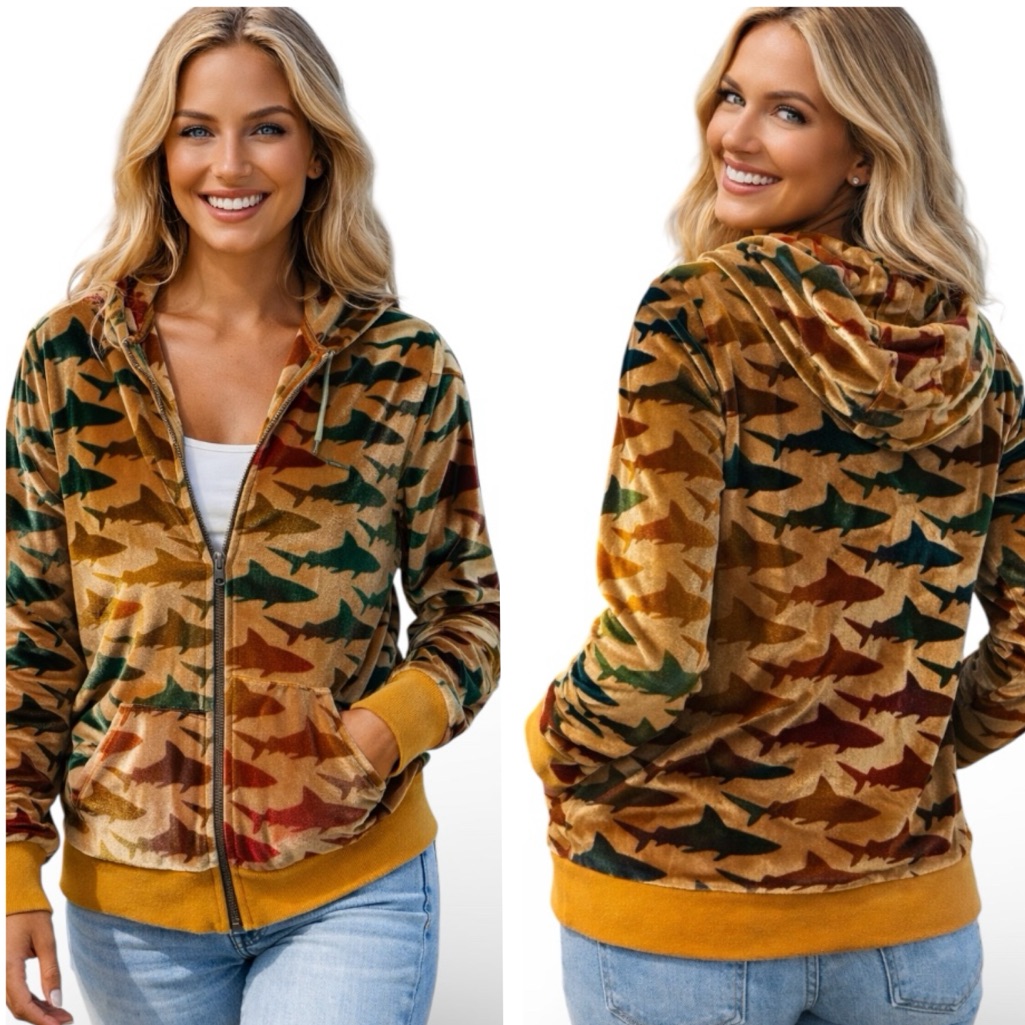 Aviator Nation Velvet Shark Print Zip-Up Hoodie Rare Nwt Oversized